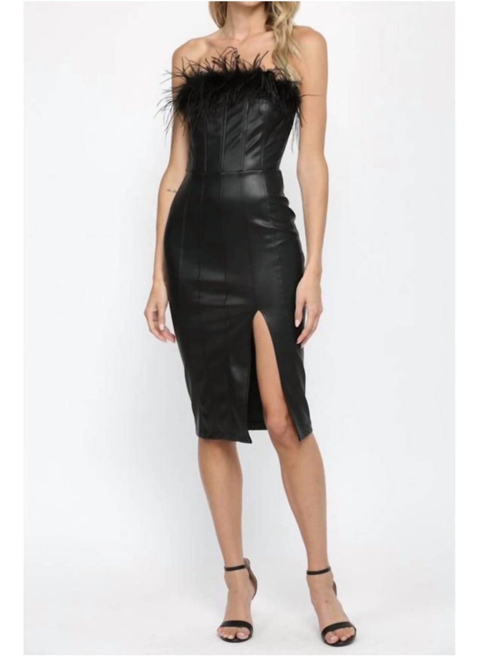 FATE lola faux leather strapless dress with feather trim Size S
